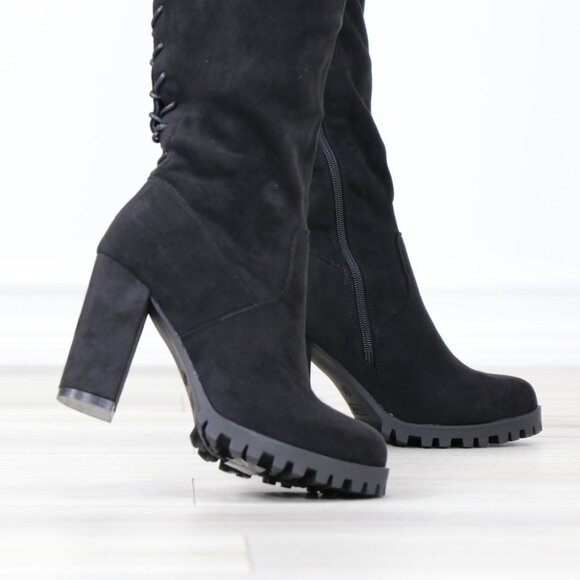 Full Lace-Up Back Black Faux Suede Thigh High Over The Knee Lug Block Heel Boots - Picture 6 of 14